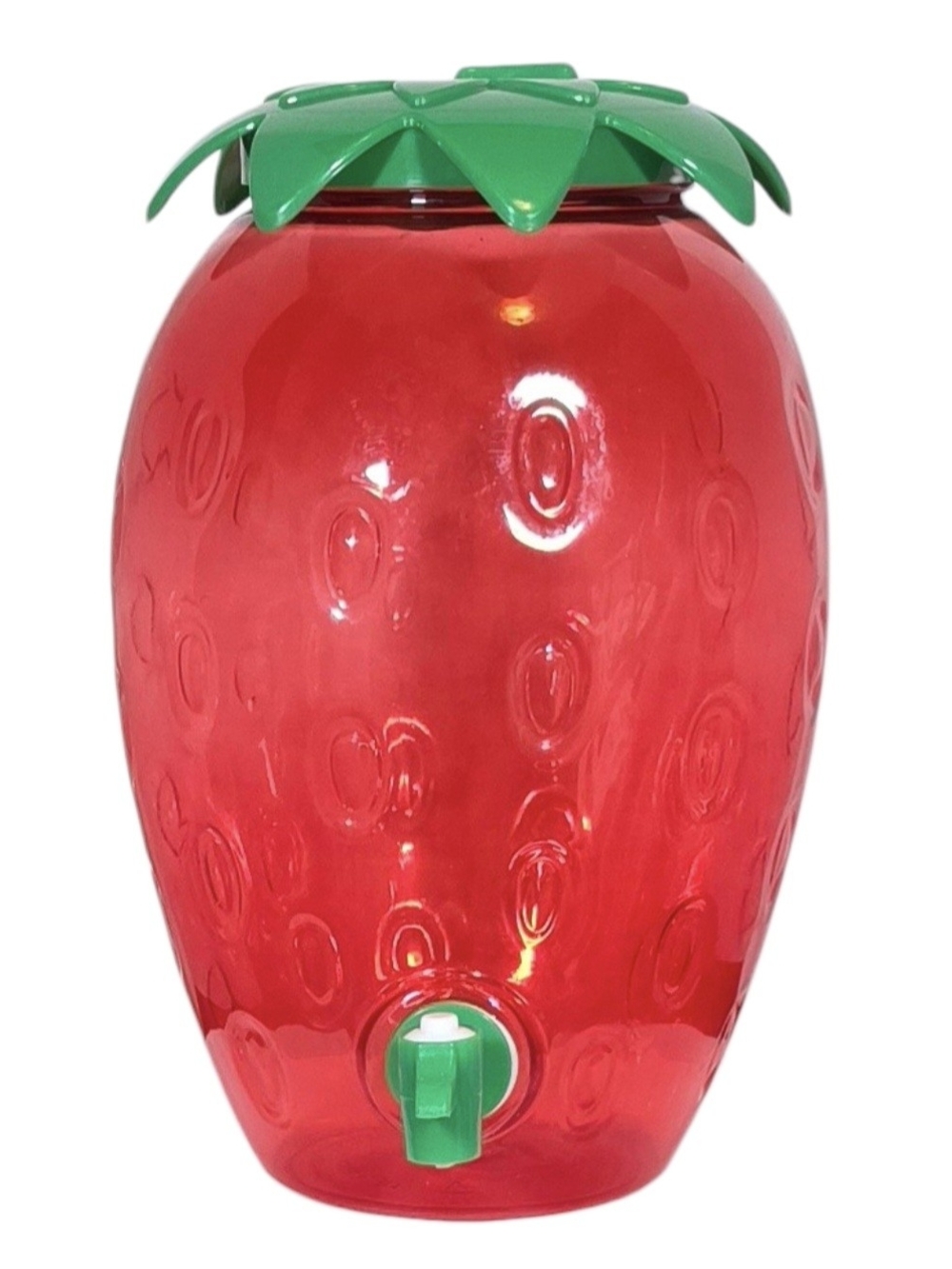 Strawberry Beverage Dispenser with Green Lid and Spigot